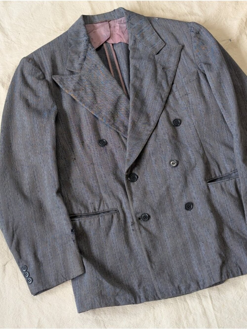 Vintage 1940s Men's HBT Double Breasted Grey Distressed Blazer Union Made M/L